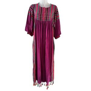 Vintage Bloomingdales Kaftan Purple Colorful Stripes Tassels Dress Size Large